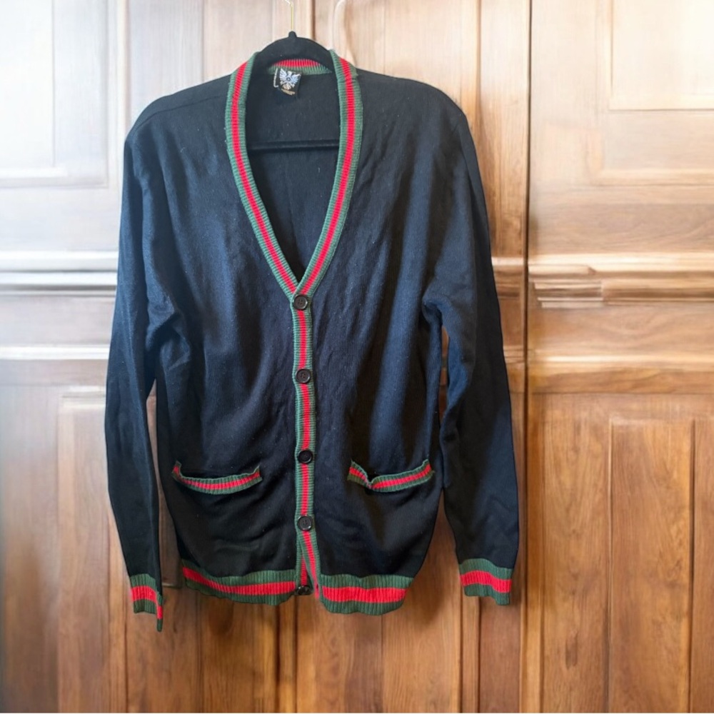 Vintage Men’s G&B Blue Red Green Cardigan Sweater Size M Preppy Nerd Geek